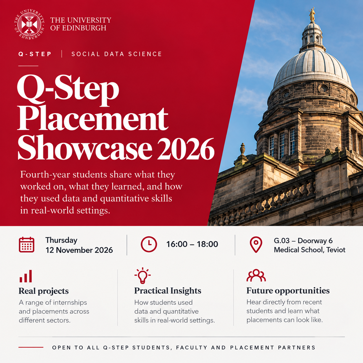 Q-Step Placement Showcase 2026 flyer with the date, time and venue beside an image of the University of Edinburgh.
