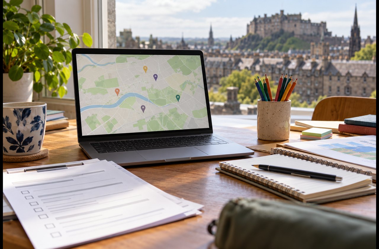 Illustrative research desk with survey forms and a laptop showing a map, overlooking Edinburgh