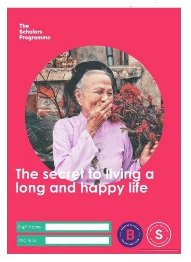 Poster showing older person with text: the secret to living a long and happy life