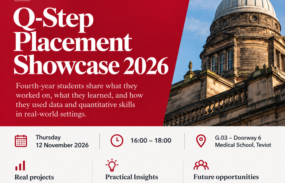 Q-Step Placement Showcase 2026 flyer with the date, time and venue beside an image of the University of Edinburgh.