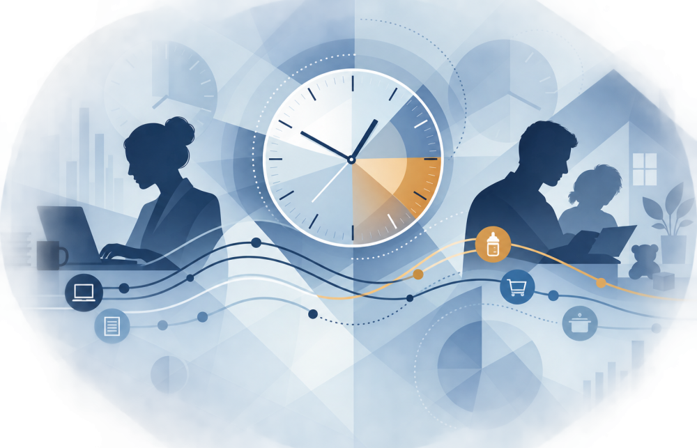Work and family activities arranged around a clock to represent multitasking and time use