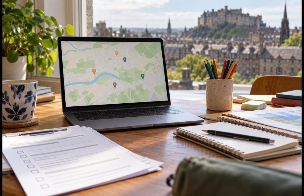 Illustrative research desk with survey forms and a laptop showing a map, overlooking Edinburgh