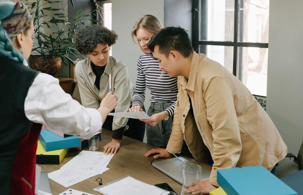 Students collaborating around a table